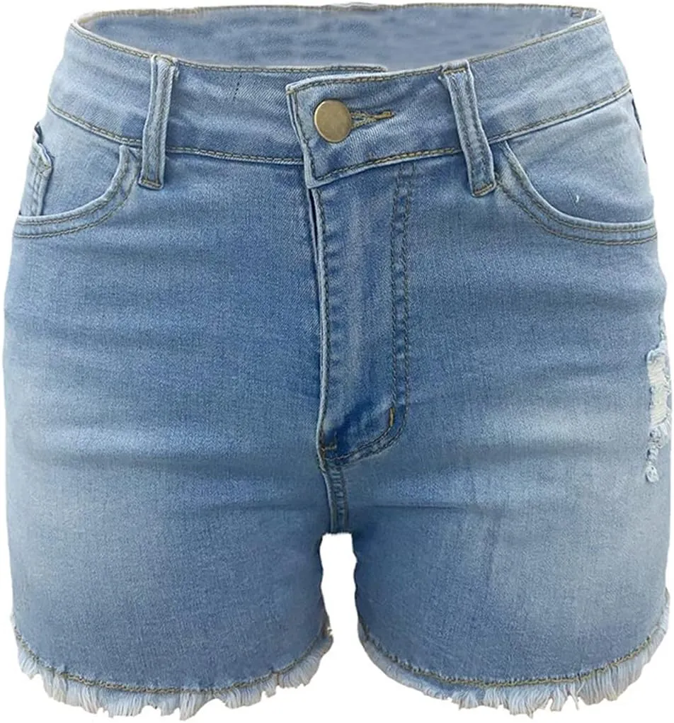 Women High Waisted Skinny Stretchy Denim Shorts Casual Summer Frayed Raw Hem Distressed Ripped Short Jeans