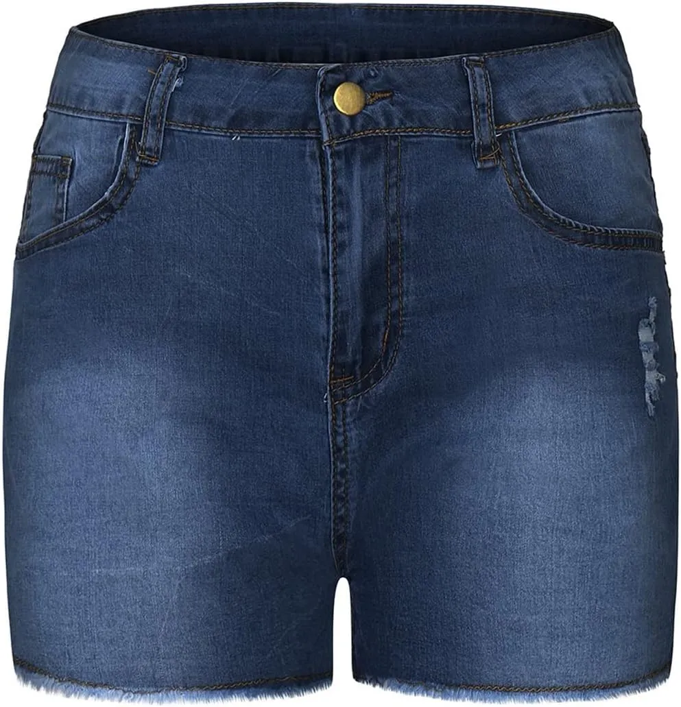 Women High Waisted Skinny Stretchy Denim Shorts Casual Summer Frayed Raw Hem Distressed Ripped Short Jeans