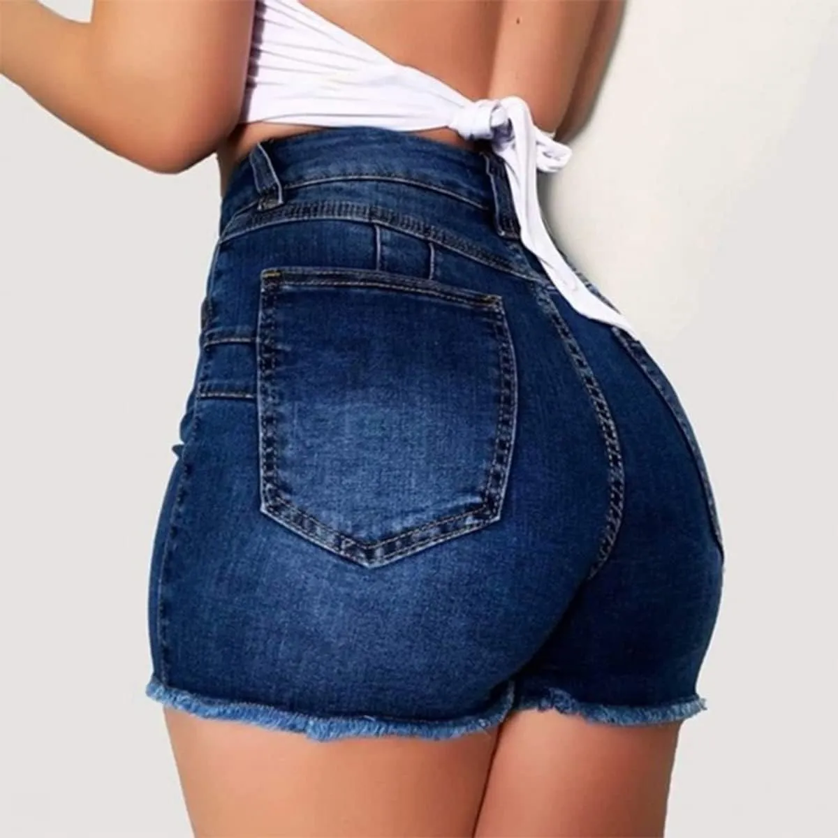 Women High Waisted Skinny Stretchy Denim Shorts Casual Summer Frayed Raw Hem Distressed Ripped Short Jeans