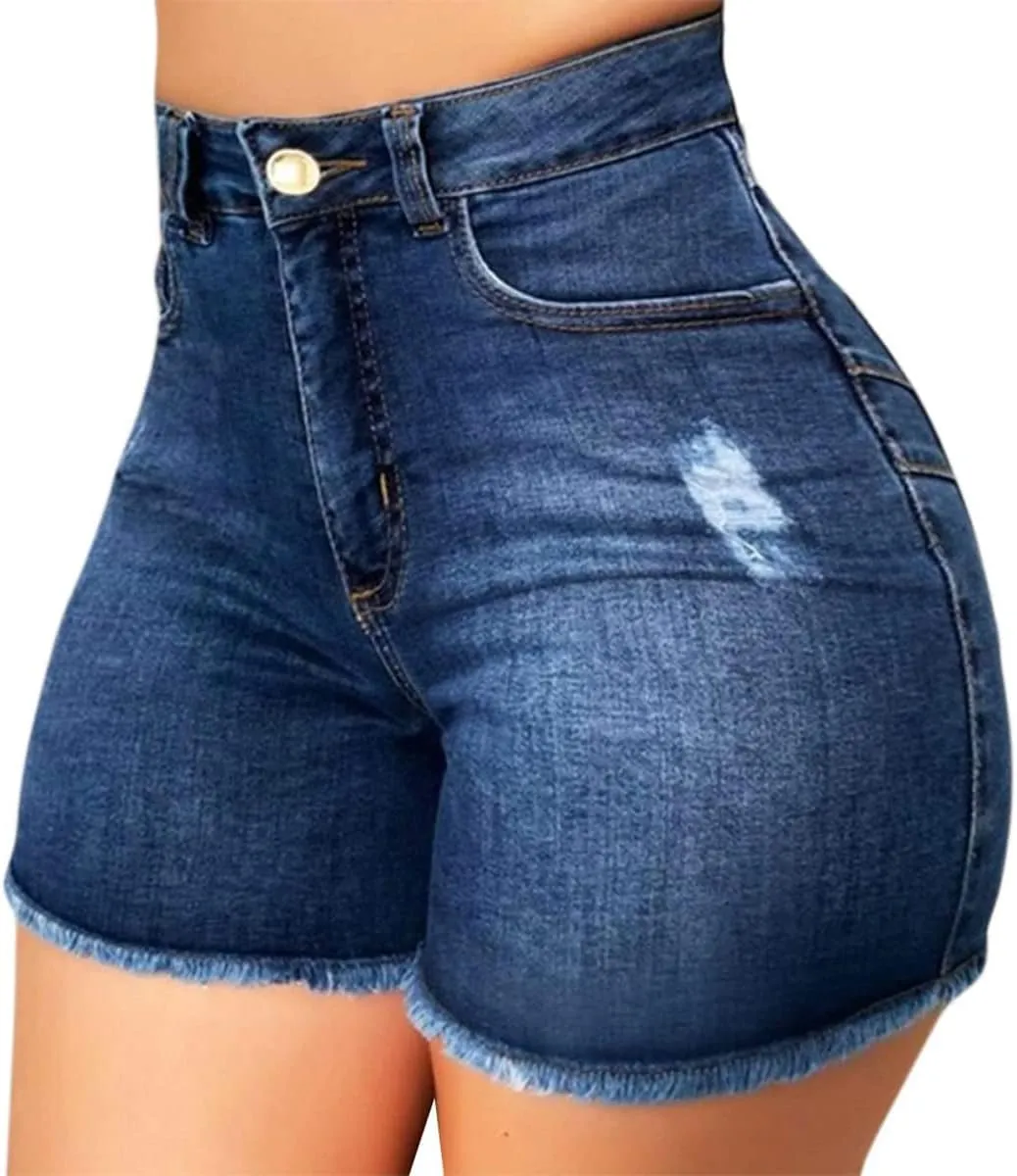Women High Waisted Skinny Stretchy Denim Shorts Casual Summer Frayed Raw Hem Distressed Ripped Short Jeans
