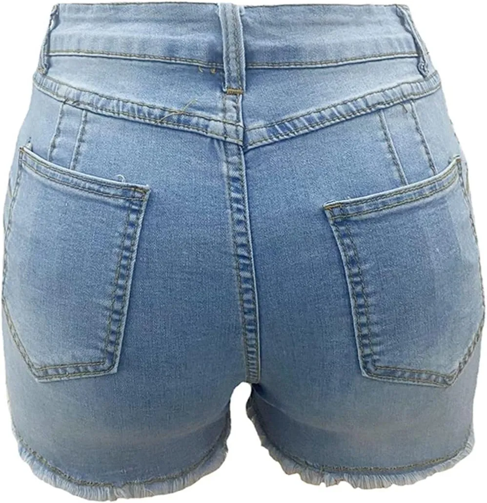 Women High Waisted Skinny Stretchy Denim Shorts Casual Summer Frayed Raw Hem Distressed Ripped Short Jeans