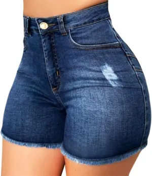 Women High Waisted Skinny Stretchy Denim Shorts Casual Summer Frayed Raw Hem Distressed Ripped Short Jeans