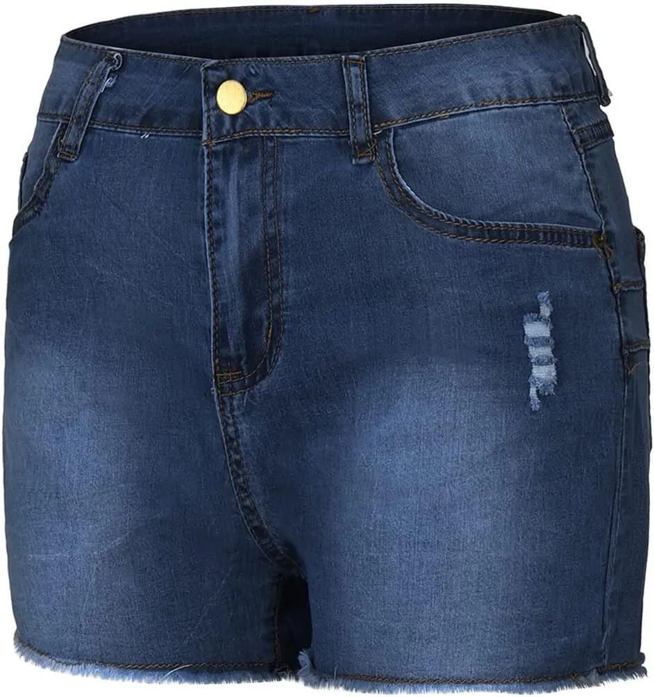 Women High Waisted Skinny Stretchy Denim Shorts Casual Summer Frayed Raw Hem Distressed Ripped Short Jeans