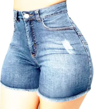 Women High Waisted Skinny Stretchy Denim Shorts Casual Summer Frayed Raw Hem Distressed Ripped Short Jeans
