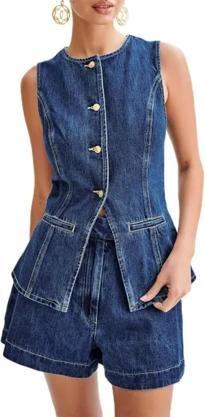 Women Long Denim Waistcoat Vest Sleeveless Button Down Slim Fit Versatile Jean Vest Tops Oversized Jean Jacket
