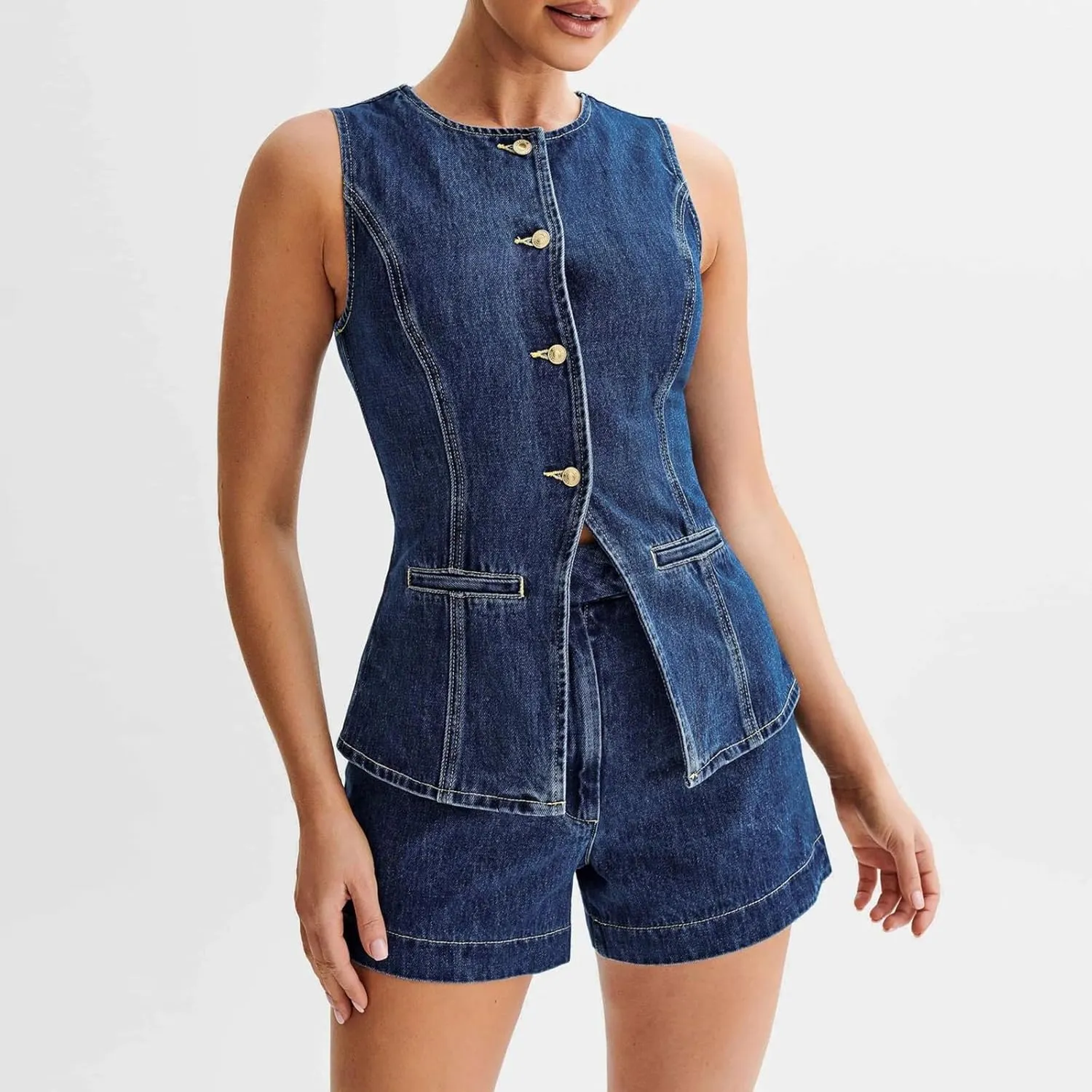 Women Long Denim Waistcoat Vest Sleeveless Button Down Slim Fit Versatile Jean Vest Tops Oversized Jean Jacket