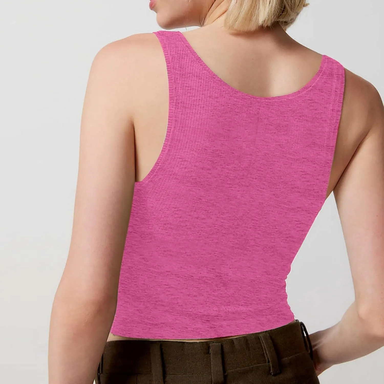 Women Ribbed Tank Top Pleated Square Neck Sleeveless Basic Fitted Crop Tops Y2K Henley Vest Petite