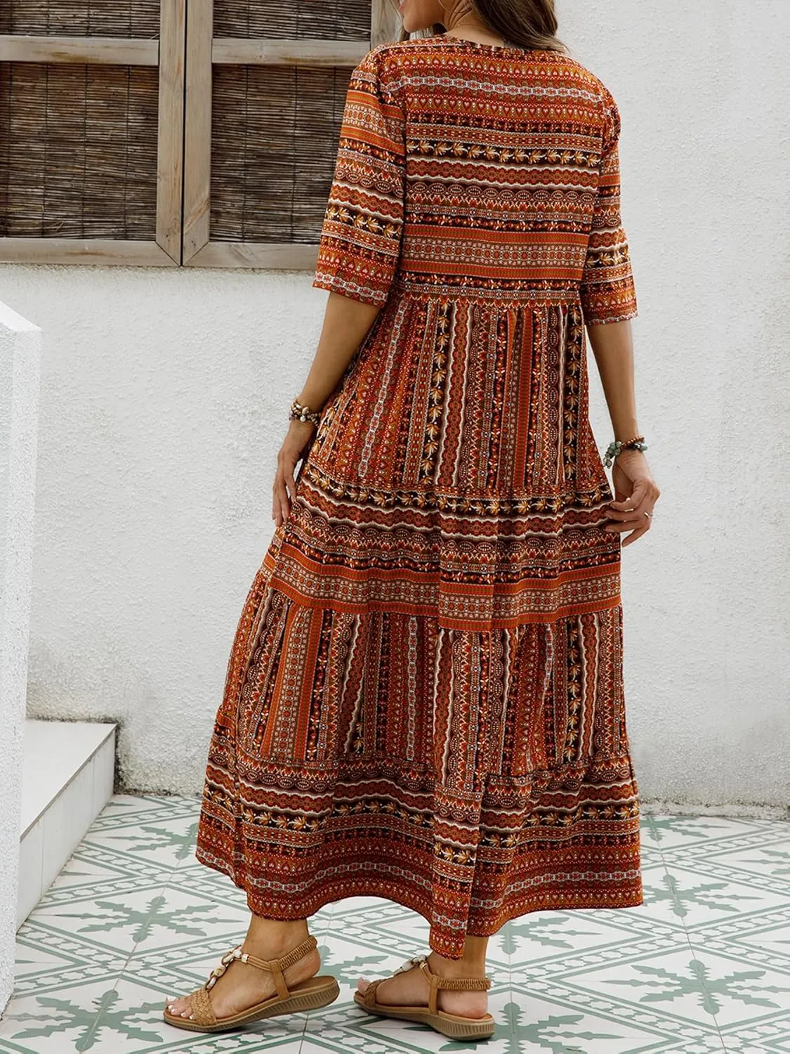 Women Short Sleeves Ruffle Floral Flowy Boho Dress Long Maxi Beach Sundress