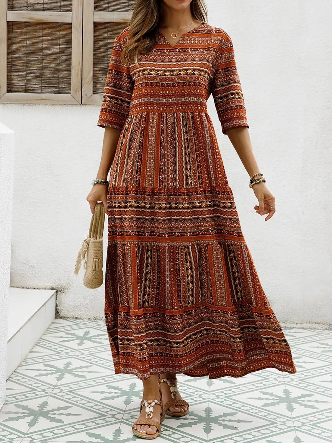 Women Short Sleeves Ruffle Floral Flowy Boho Dress Long Maxi Beach Sundress