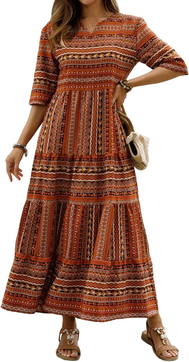 Women Short Sleeves Ruffle Floral Flowy Boho Dress Long Maxi Beach Sundress