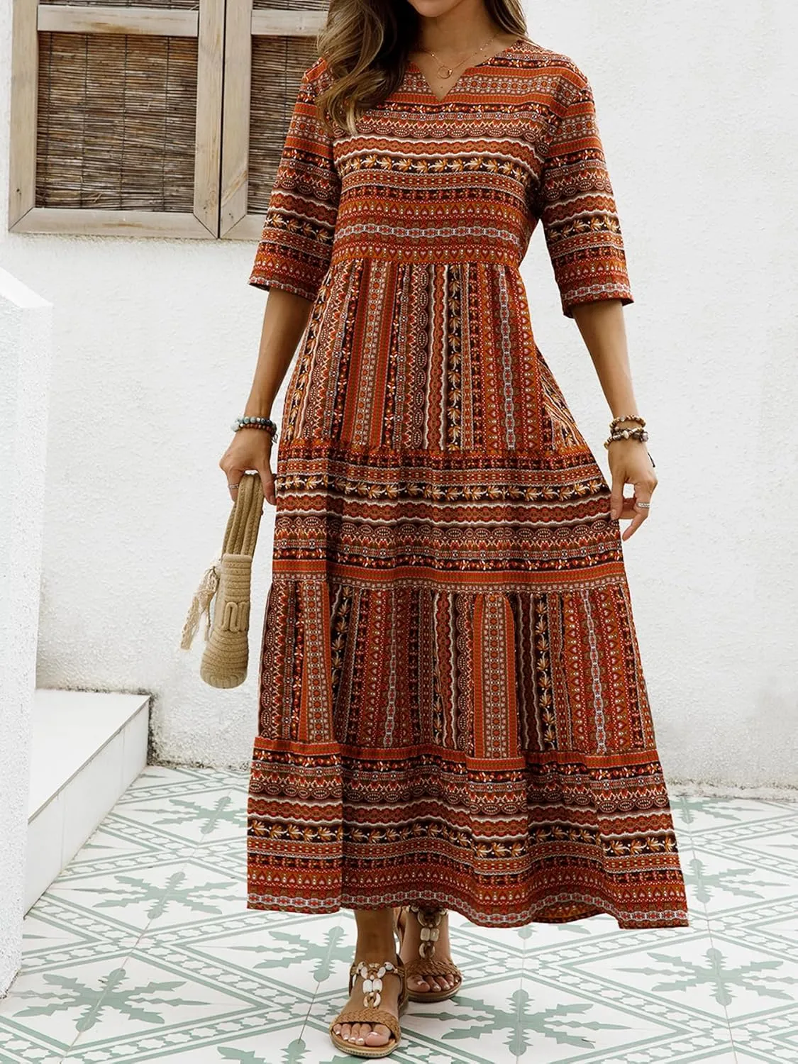 Women Short Sleeves Ruffle Floral Flowy Boho Dress Long Maxi Beach Sundress