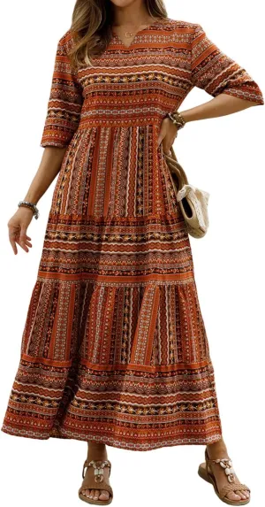 Women Short Sleeves Ruffle Floral Flowy Boho Dress Long Maxi Beach Sundress