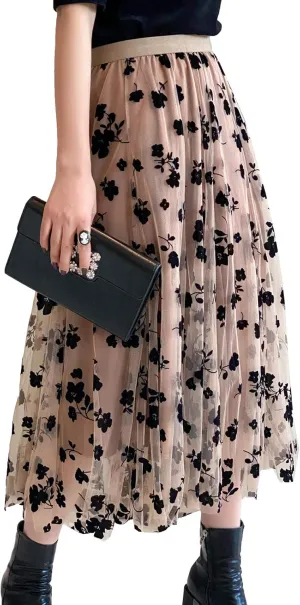 Women Tutu Tulle Skirt Elastic High Waist Layered Skirt Floral Print Mesh A-Line Midi Skirt (Khaki, Plus Size B)
