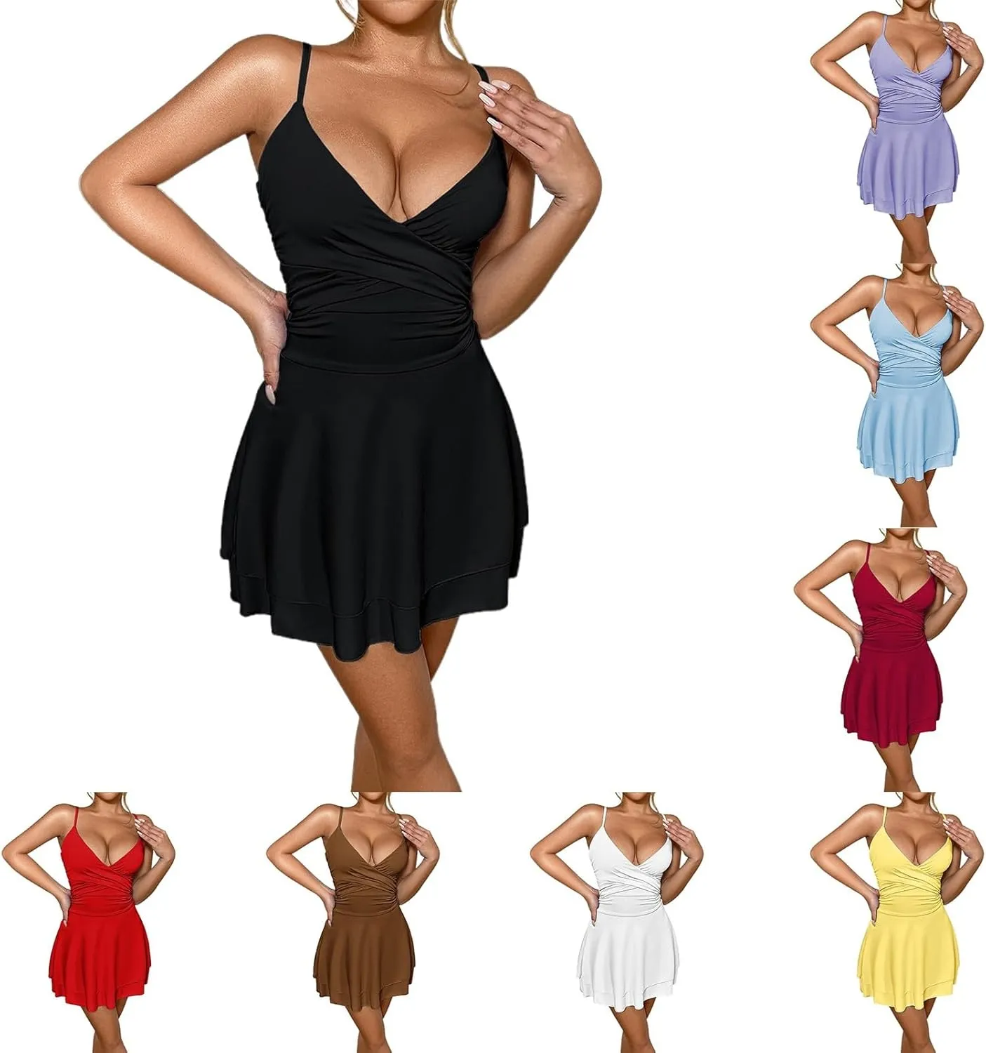 Women V Neck Mini Dress Summer Sleeveless Bodycon Dress Ruched Waist Fitted Dresseses Ruffle Hem Club Short Dresses