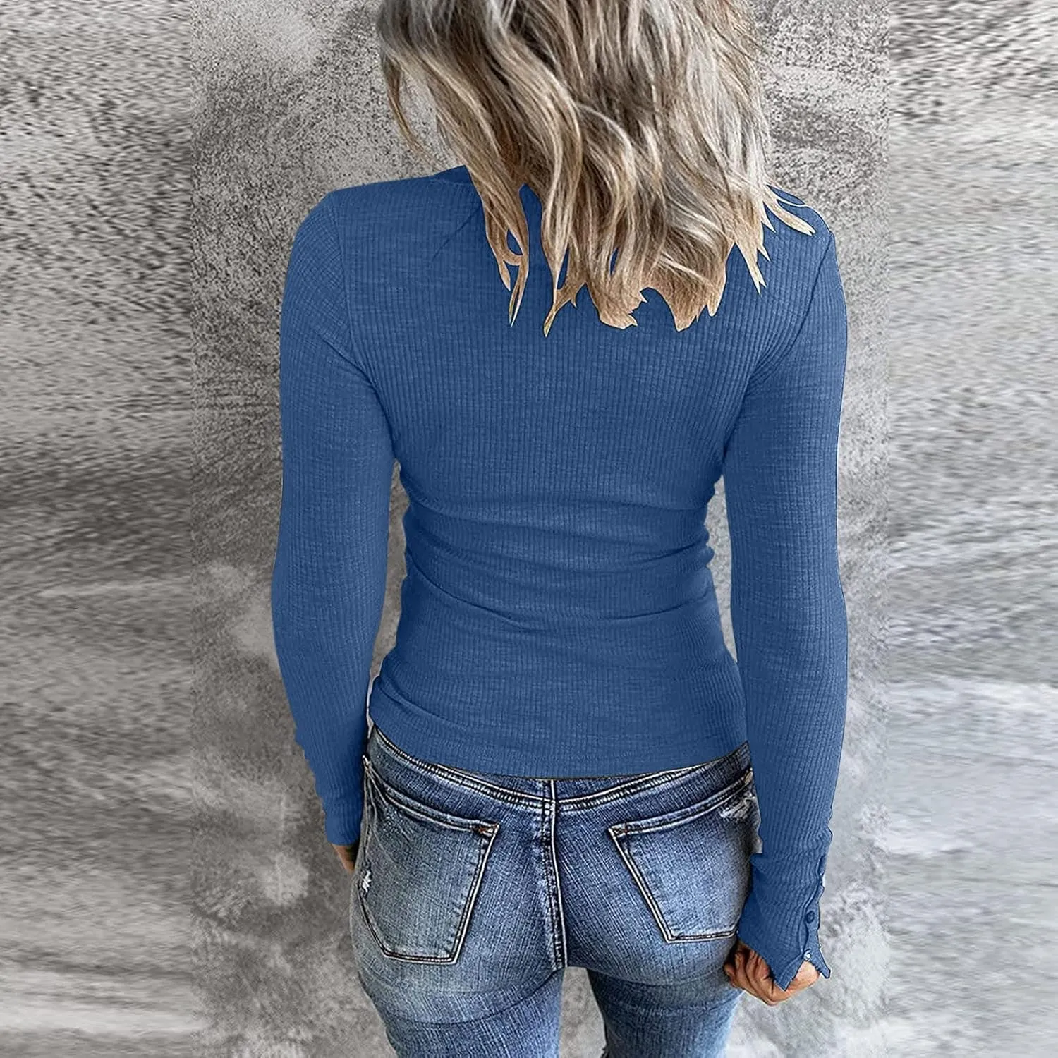 Women's 2023 Fall Long Sleeve Henley T Shirts Button Down Slim Fitted Tops Scoop Neck Ribbed Knit Casual Basic Shirts