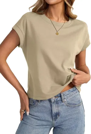 Womens Cap Sleeve Crop Tops Cotton T Shirts Crewneck Loose Fit Short Sleeves Tee Summer Fashion Clothes 2025