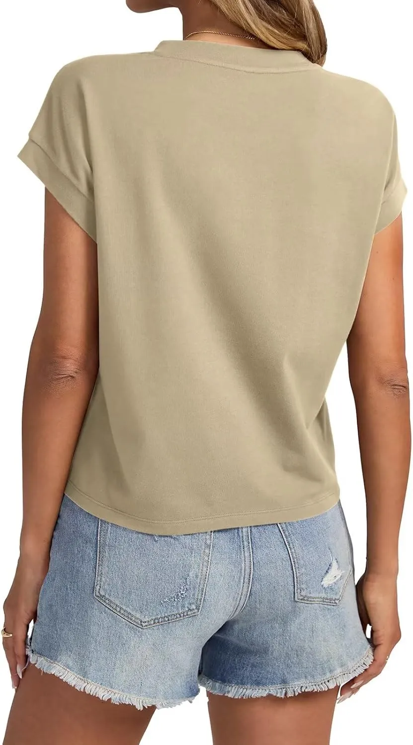 Womens Cap Sleeve Crop Tops Cotton T Shirts Crewneck Loose Fit Short Sleeves Tee Summer Fashion Clothes 2025