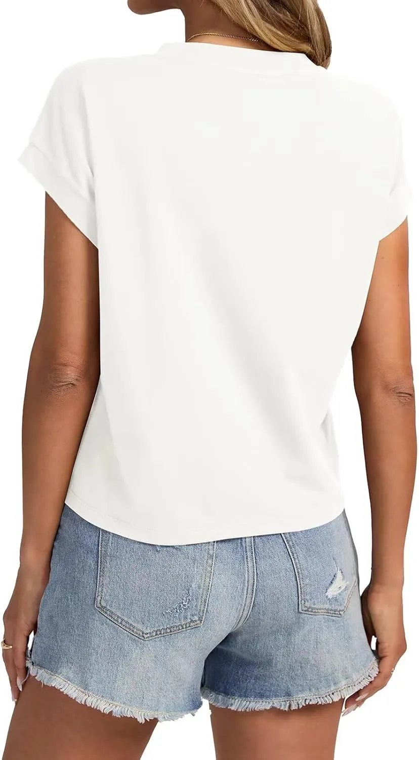 Womens Cap Sleeve Crop Tops Cotton T Shirts Crewneck Loose Fit Short Sleeves Tee Summer Fashion Clothes 2025