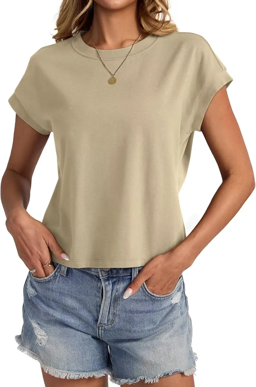 Womens Cap Sleeve Crop Tops Cotton T Shirts Crewneck Loose Fit Short Sleeves Tee Summer Fashion Clothes 2025