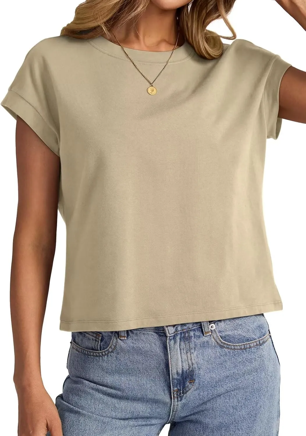 Womens Cap Sleeve Crop Tops Cotton T Shirts Crewneck Loose Fit Short Sleeves Tee Summer Fashion Clothes 2025