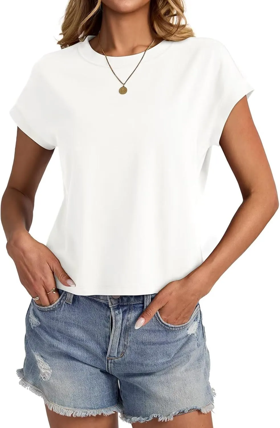Womens Cap Sleeve Crop Tops Cotton T Shirts Crewneck Loose Fit Short Sleeves Tee Summer Fashion Clothes 2025