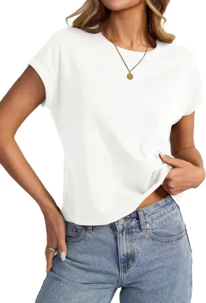 Womens Cap Sleeve Crop Tops Cotton T Shirts Crewneck Loose Fit Short Sleeves Tee Summer Fashion Clothes 2025