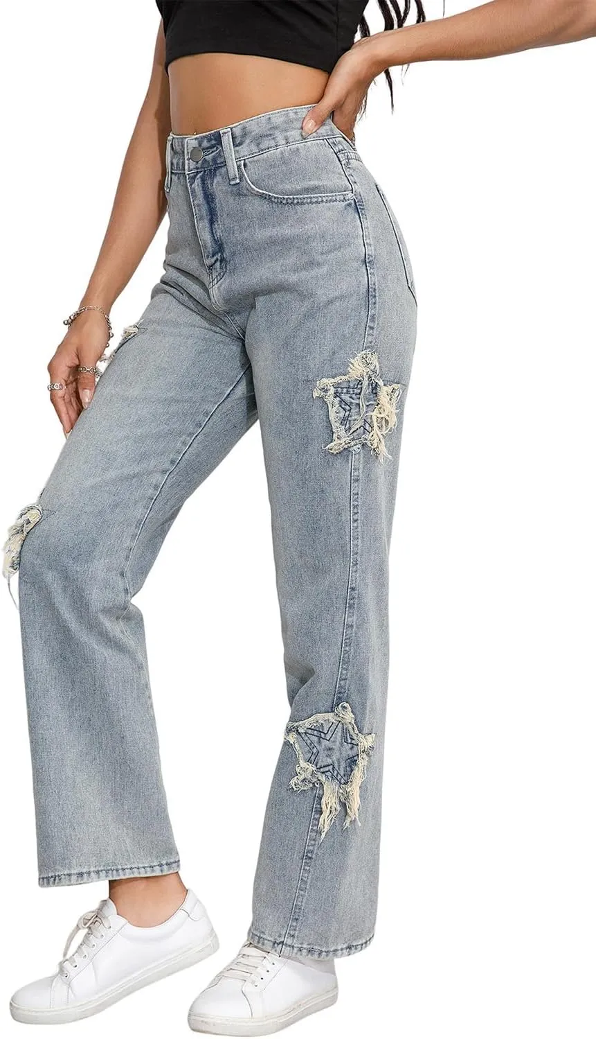 Womens Casual High Waisted Loose Wide Leg Jeans Classic Star Pattern Denim Pants Trousers