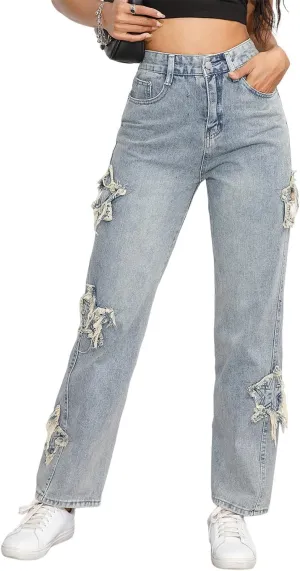 Womens Casual High Waisted Loose Wide Leg Jeans Classic Star Pattern Denim Pants Trousers
