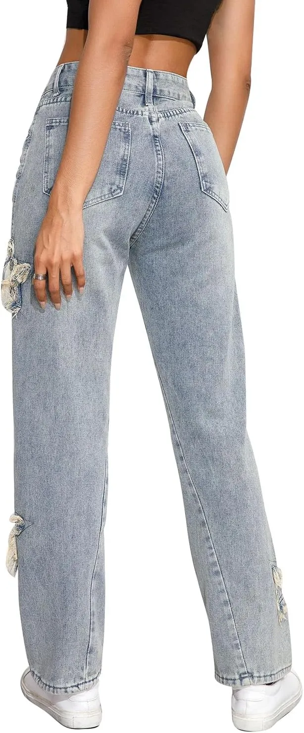 Womens Casual High Waisted Loose Wide Leg Jeans Classic Star Pattern Denim Pants Trousers