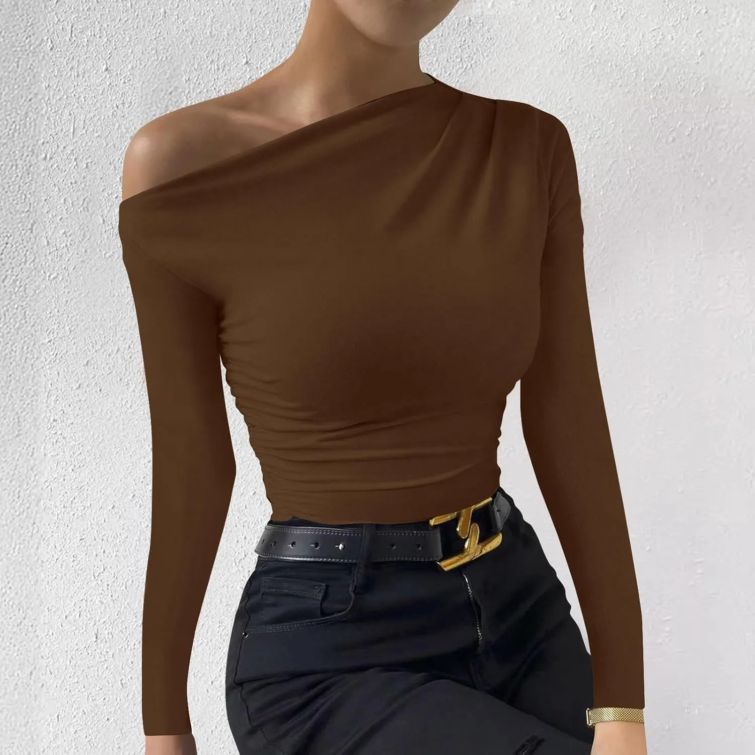 Women's Casual Long Sleeve Boat Neck Off Shoulder Solid Color Slim Fit Top Going Out Blouses Y2K Tight Shirts