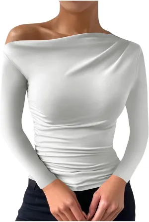 Women's Casual Long Sleeve Boat Neck Off Shoulder Solid Color Slim Fit Top Going Out Blouses Y2K Tight Shirts