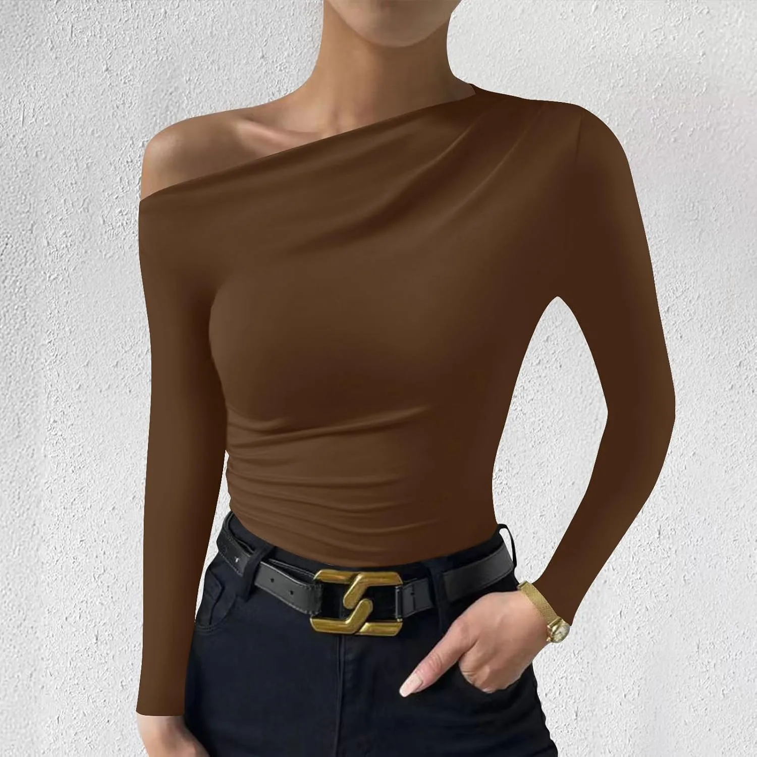 Women's Casual Long Sleeve Boat Neck Off Shoulder Solid Color Slim Fit Top Going Out Blouses Y2K Tight Shirts