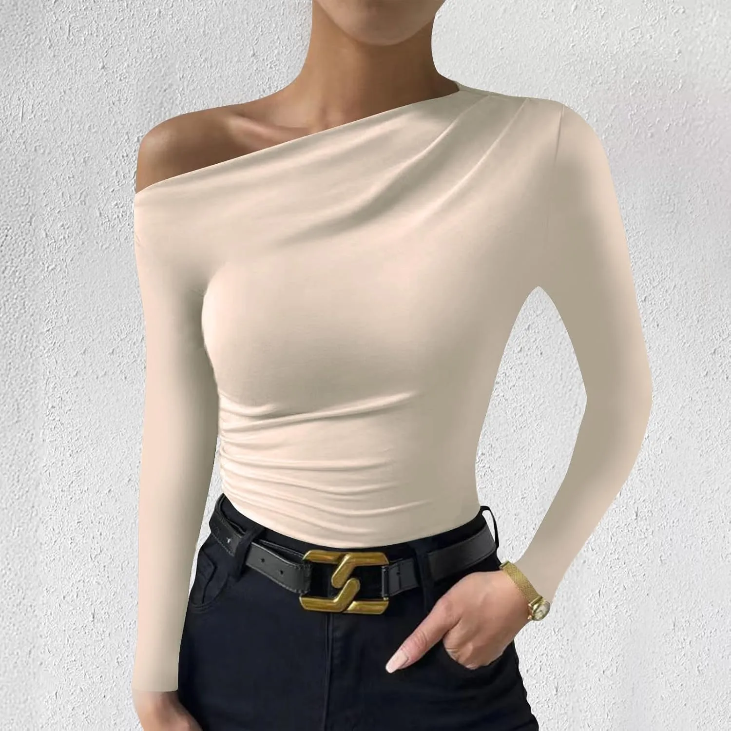 Women's Casual Long Sleeve Boat Neck Off Shoulder Solid Color Slim Fit Top Going Out Blouses Y2K Tight Shirts