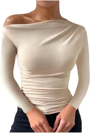 Women's Casual Long Sleeve Boat Neck Off Shoulder Solid Color Slim Fit Top Going Out Blouses Y2K Tight Shirts