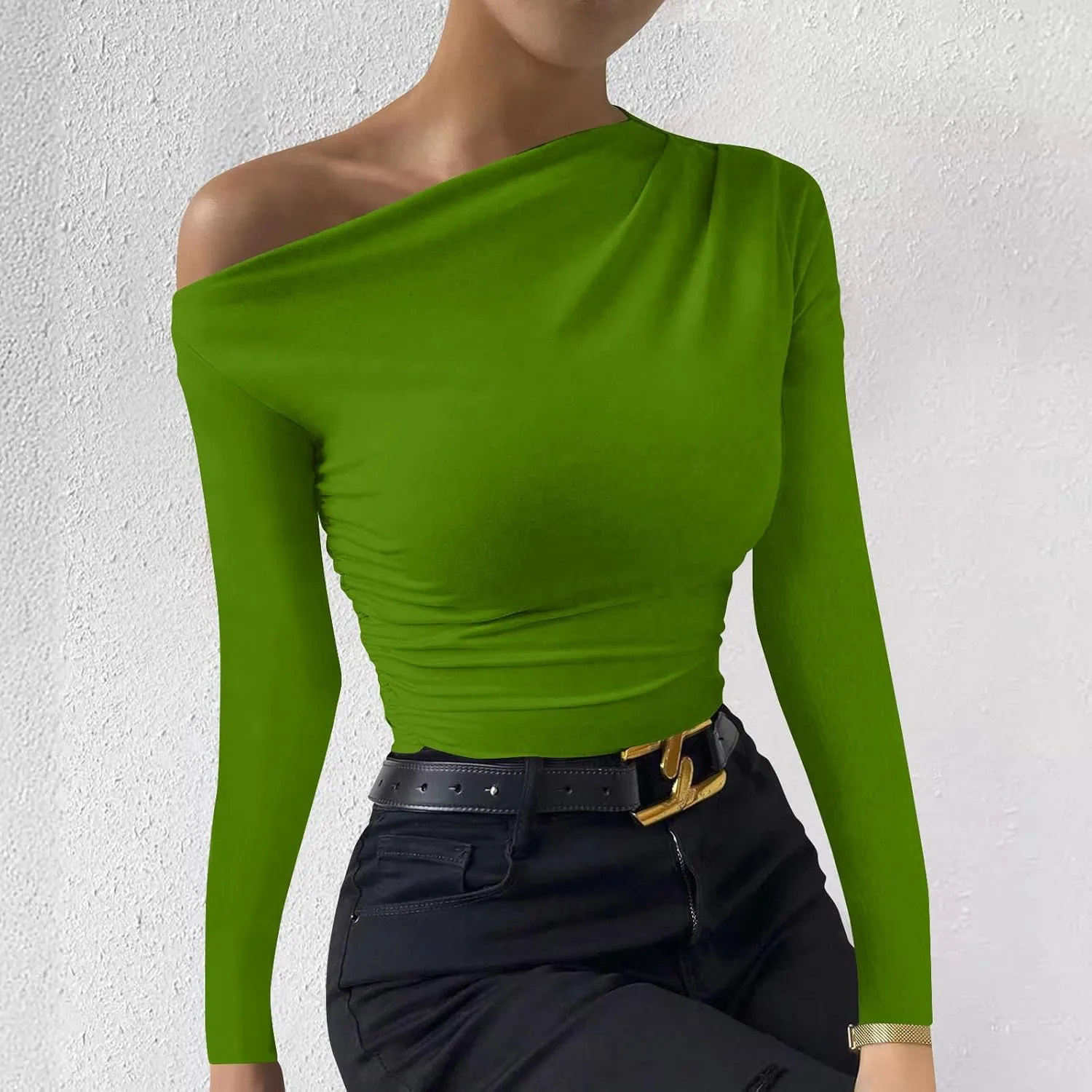 Women's Casual Long Sleeve Boat Neck Off Shoulder Solid Color Slim Fit Top Going Out Blouses Y2K Tight Shirts