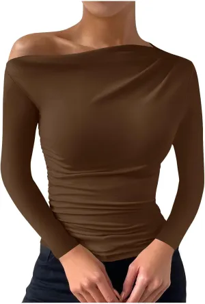 Women's Casual Long Sleeve Boat Neck Off Shoulder Solid Color Slim Fit Top Going Out Blouses Y2K Tight Shirts
