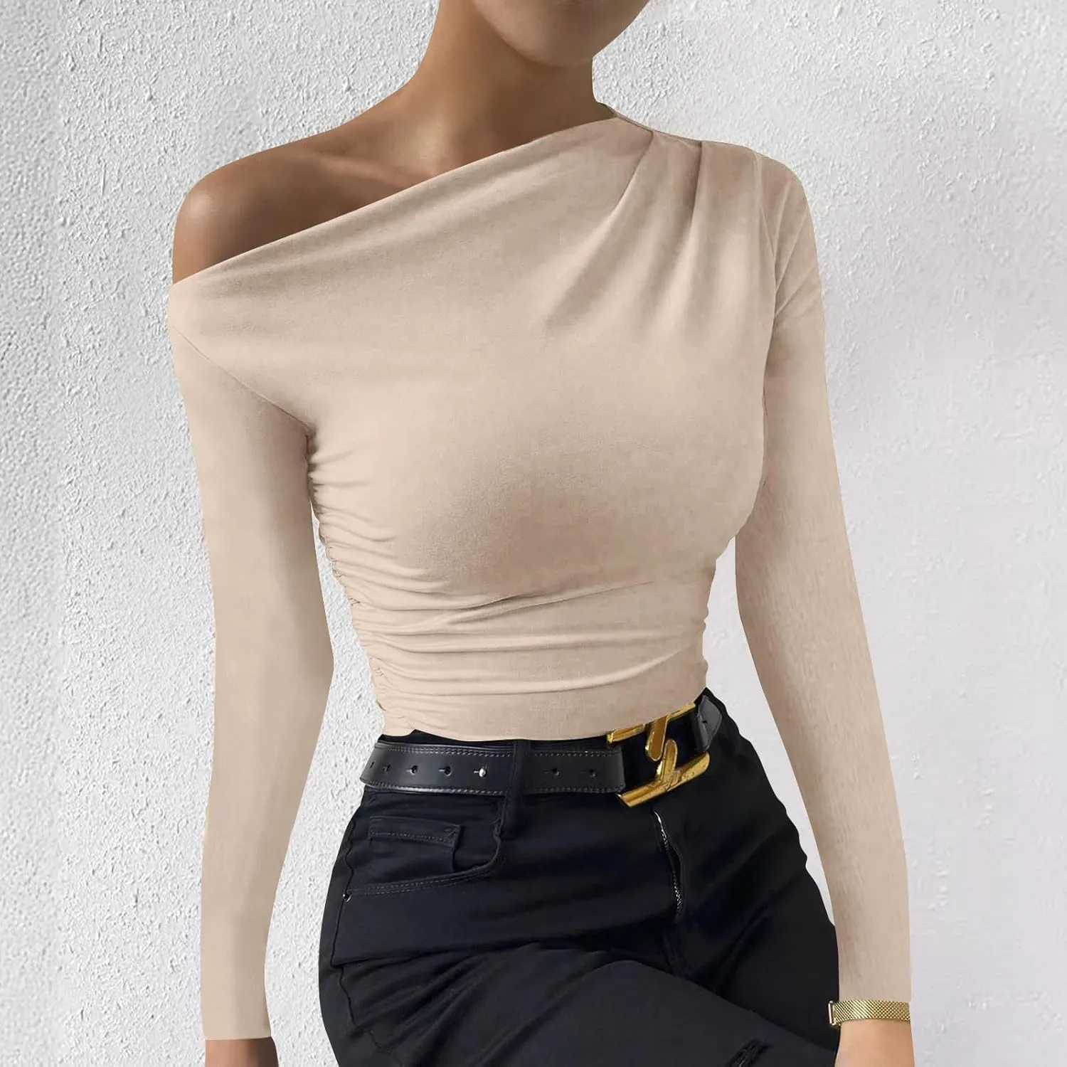 Women's Casual Long Sleeve Boat Neck Off Shoulder Solid Color Slim Fit Top Going Out Blouses Y2K Tight Shirts