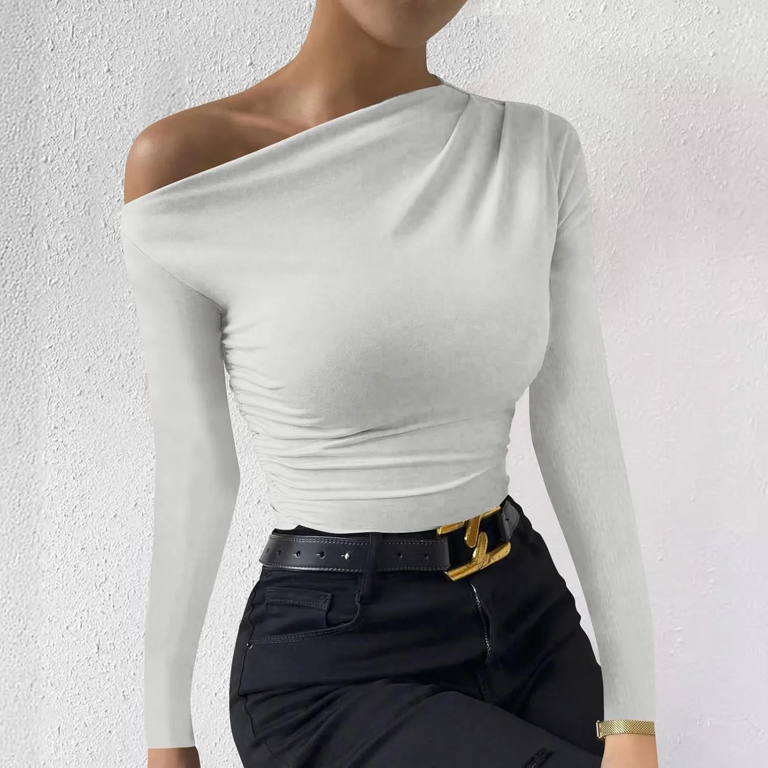 Women's Casual Long Sleeve Boat Neck Off Shoulder Solid Color Slim Fit Top Going Out Blouses Y2K Tight Shirts