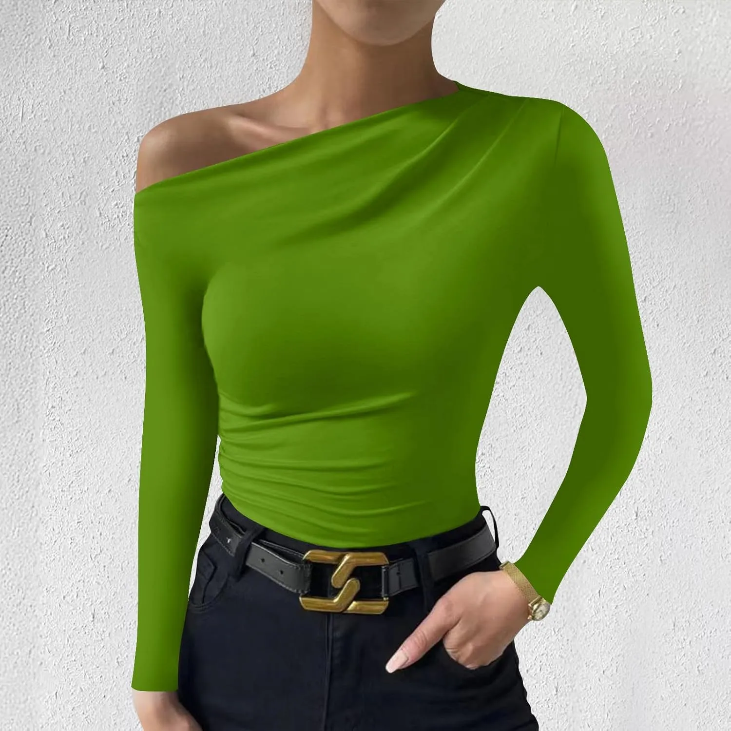 Women's Casual Long Sleeve Boat Neck Off Shoulder Solid Color Slim Fit Top Going Out Blouses Y2K Tight Shirts