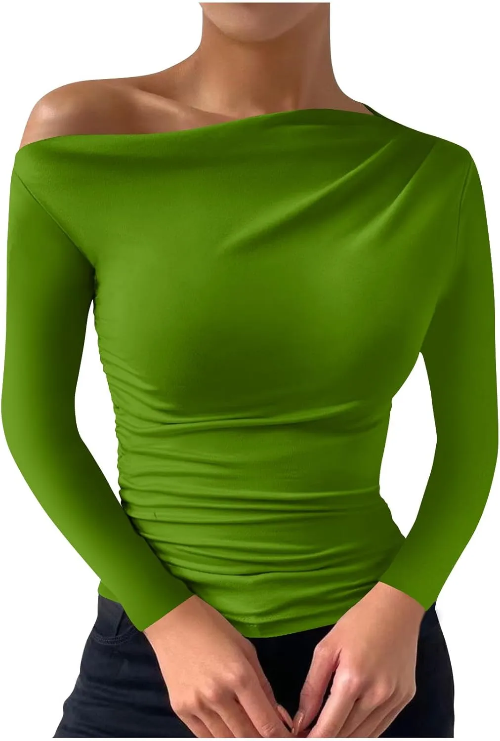 Women's Casual Long Sleeve Boat Neck Off Shoulder Solid Color Slim Fit Top Going Out Blouses Y2K Tight Shirts