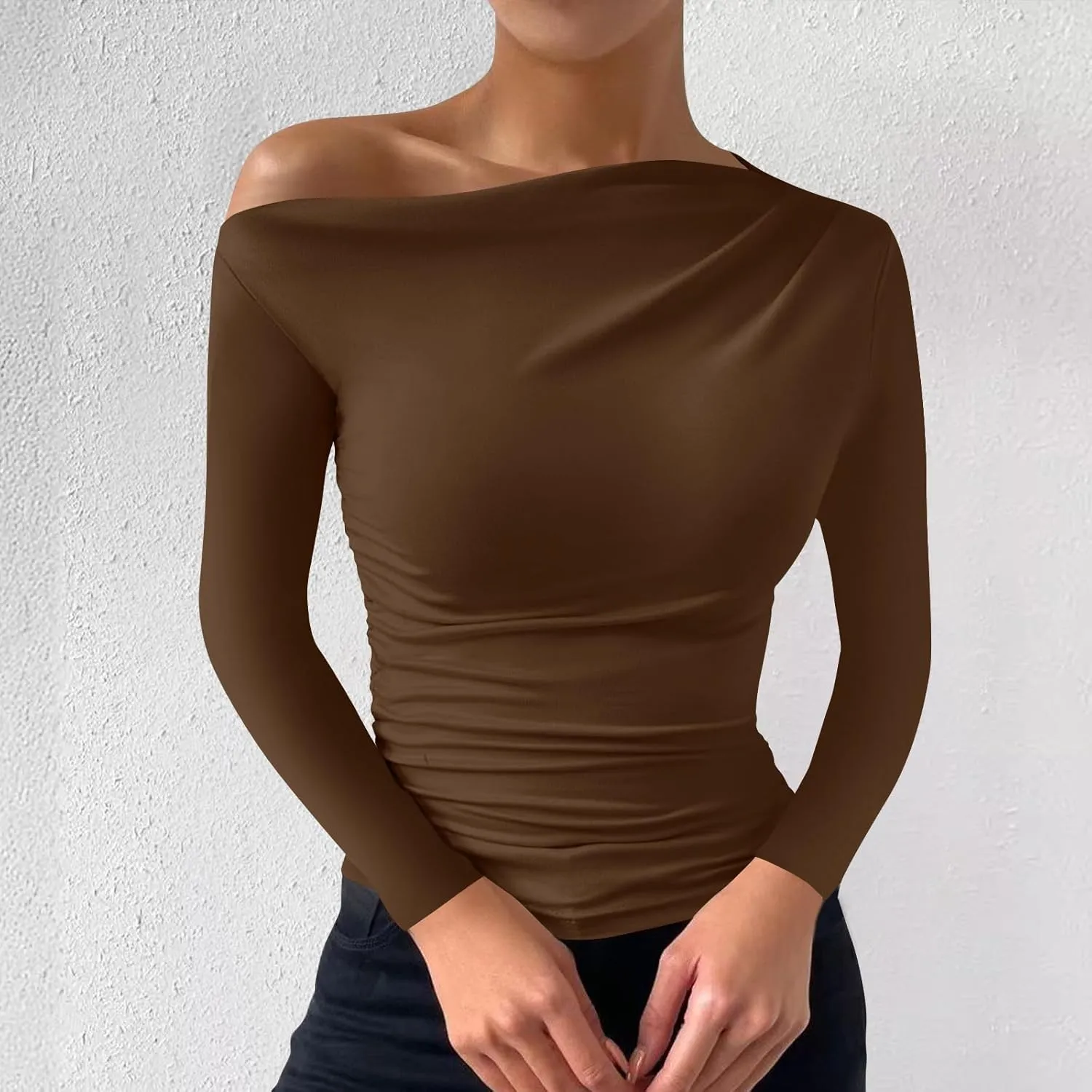 Women's Casual Long Sleeve Boat Neck Off Shoulder Solid Color Slim Fit Top Going Out Blouses Y2K Tight Shirts