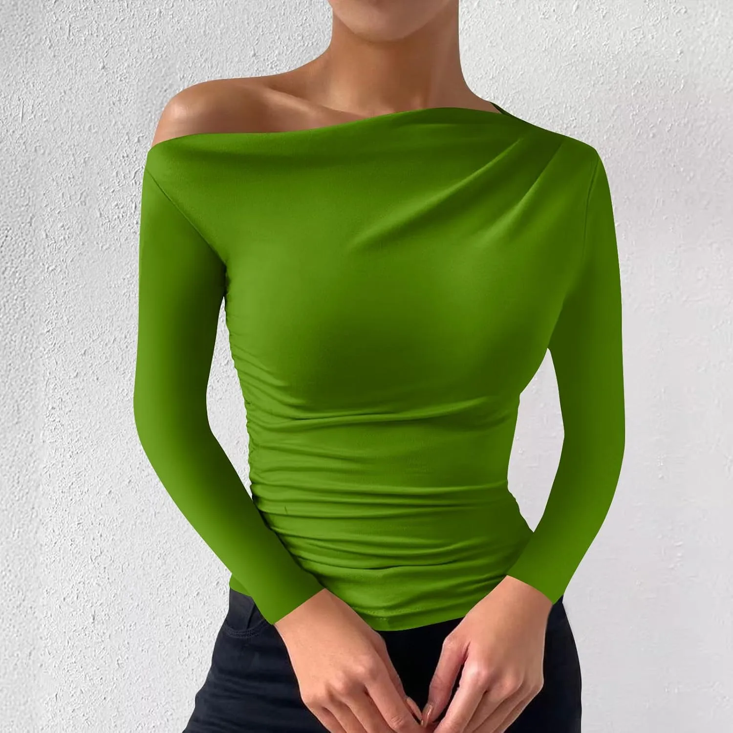Women's Casual Long Sleeve Boat Neck Off Shoulder Solid Color Slim Fit Top Going Out Blouses Y2K Tight Shirts