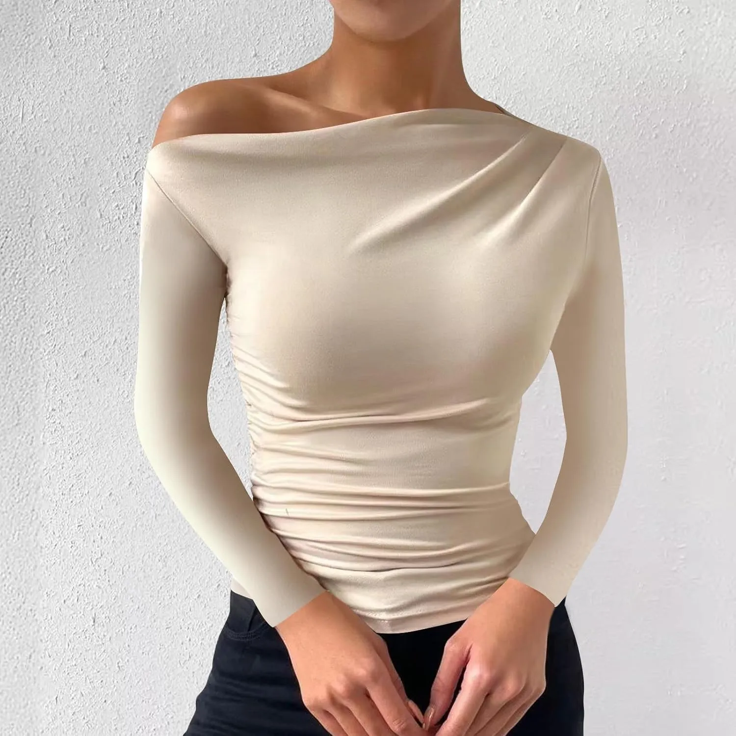 Women's Casual Long Sleeve Boat Neck Off Shoulder Solid Color Slim Fit Top Going Out Blouses Y2K Tight Shirts