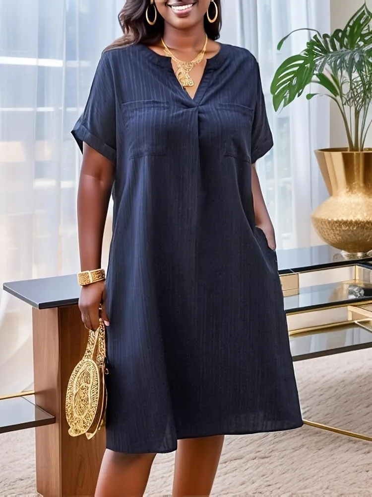 Women's Casual Summer Midi Dress with Short Sleeves and Pockets Beachwear