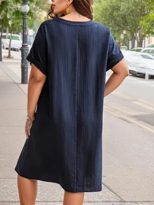 Women's Casual Summer Midi Dress with Short Sleeves and Pockets Beachwear
