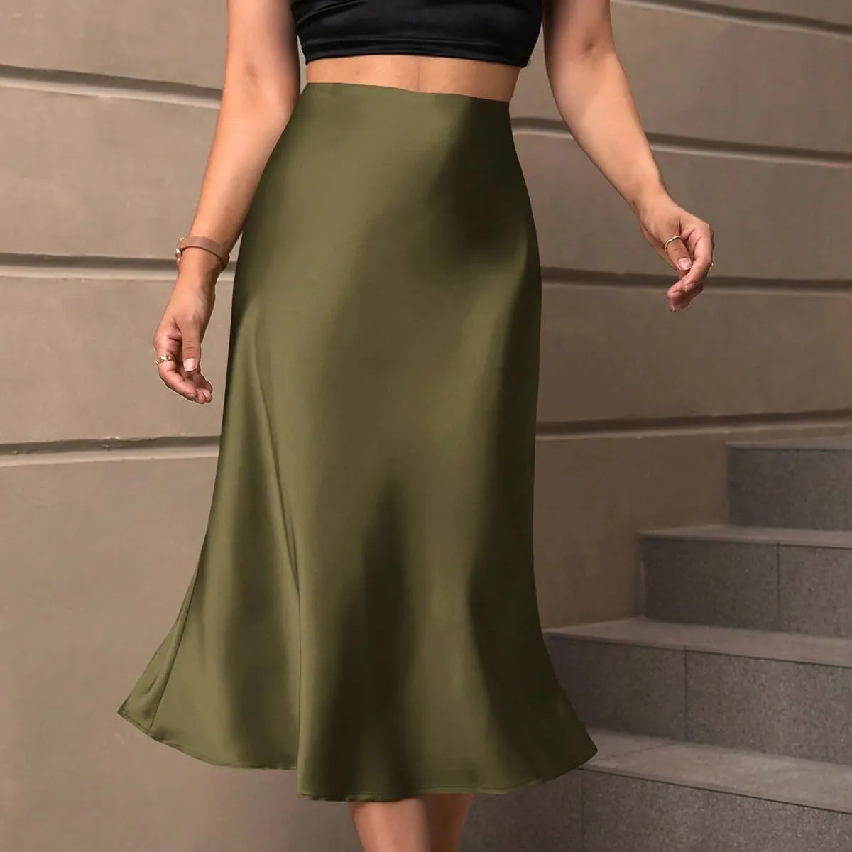 Women's Elegant Satin Midi Skirt - High-Waisted, Stretchy, and Versatile for Every Occasion