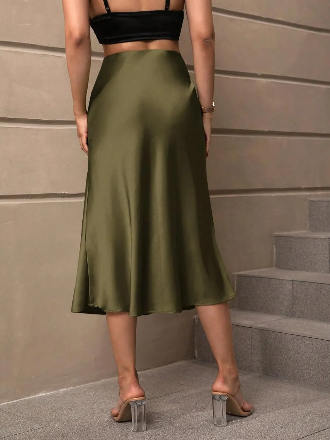 Women's Elegant Satin Midi Skirt - High-Waisted, Stretchy, and Versatile for Every Occasion