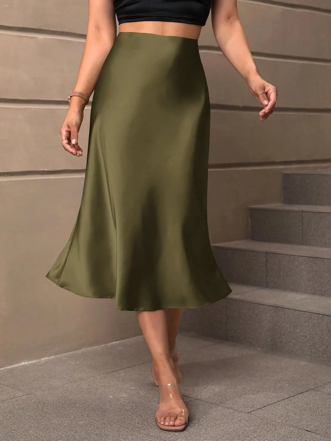 Women's Elegant Satin Midi Skirt - High-Waisted, Stretchy, and Versatile for Every Occasion