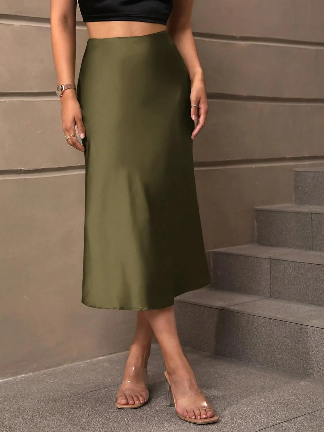 Women's Elegant Satin Midi Skirt - High-Waisted, Stretchy, and Versatile for Every Occasion
