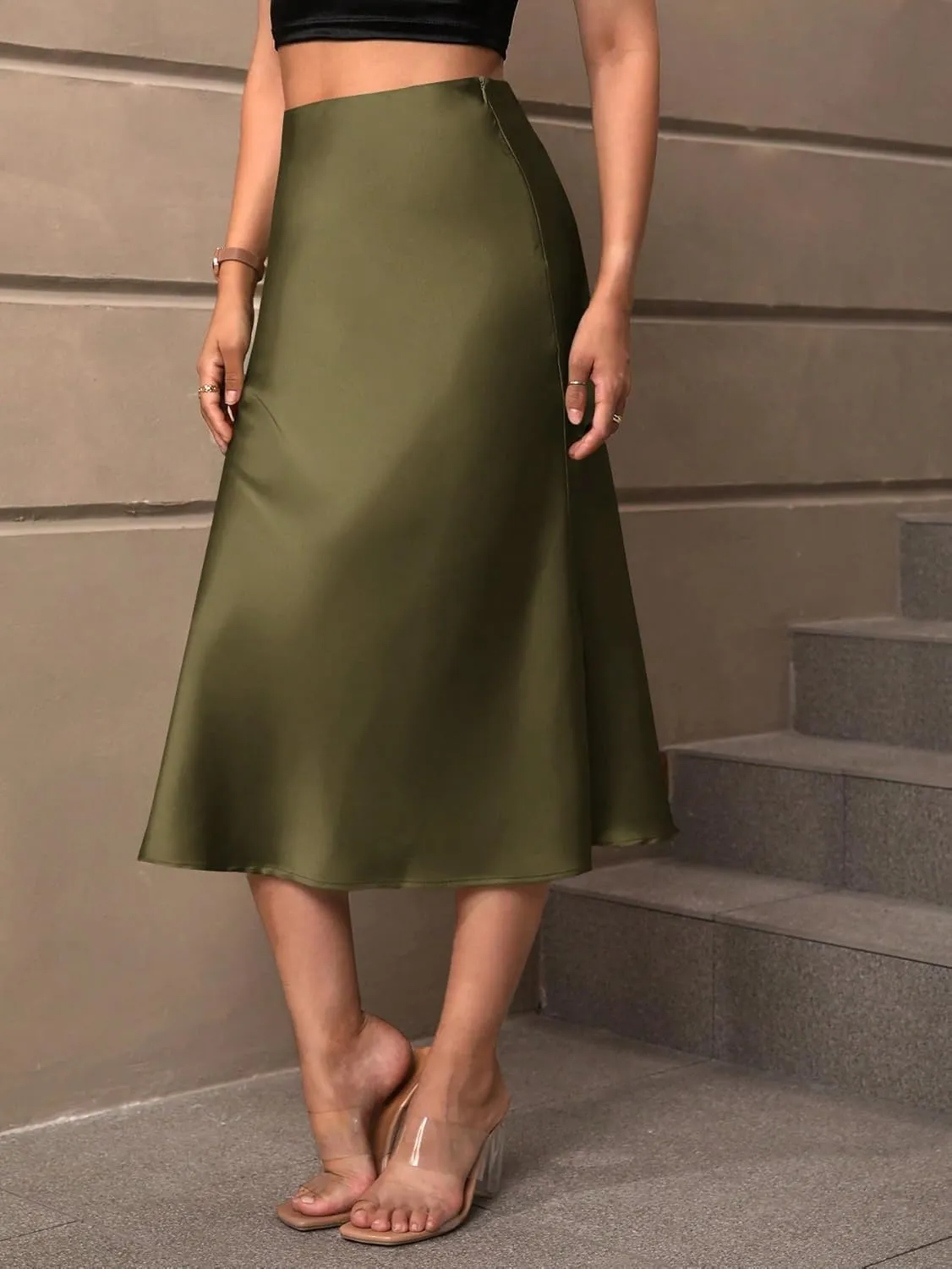 Women's Elegant Satin Midi Skirt - High-Waisted, Stretchy, and Versatile for Every Occasion